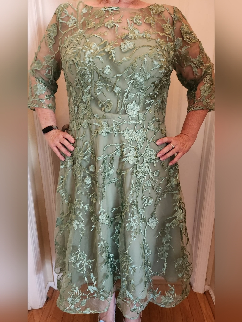Embroidered Sage Green Midi Dress with Sheer Floral Overlay